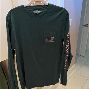 Vineyard Vines Dark Green Long-Sleeve Pocket Tee with Reddish Logo